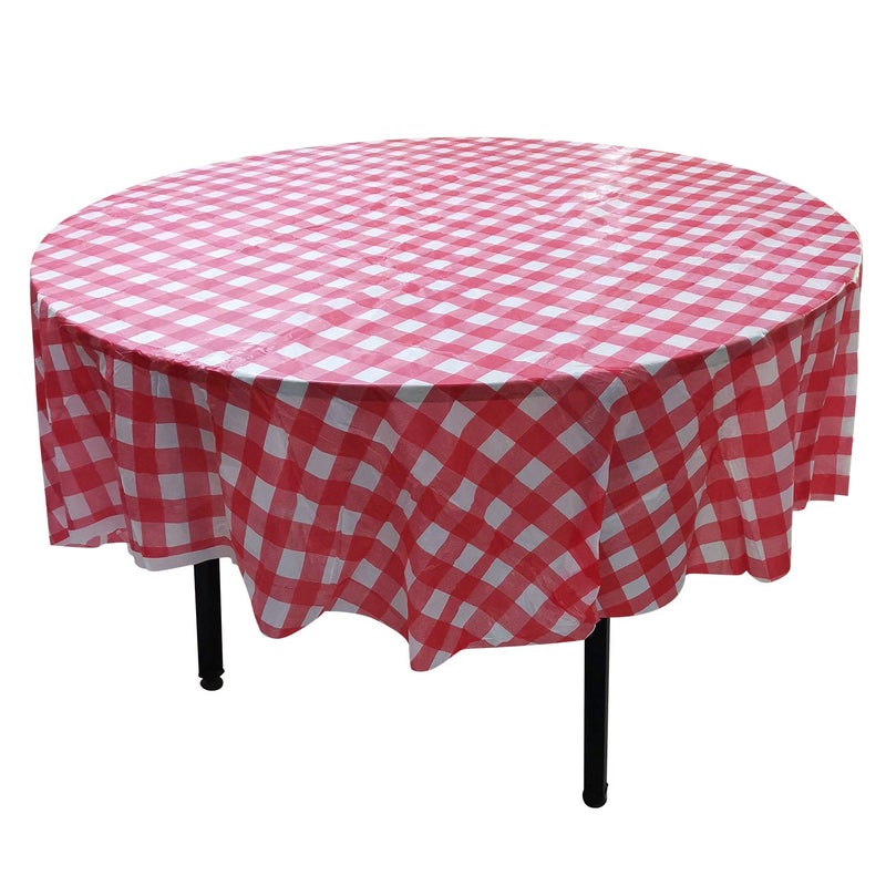 YUEKUI 10 Pack Round Plastic Checkered BBQ Tablecloth -Red & White Checkered Gingham Tablecloth -Plastic Picnic Table Covers (Round 84 inch) - Image 1